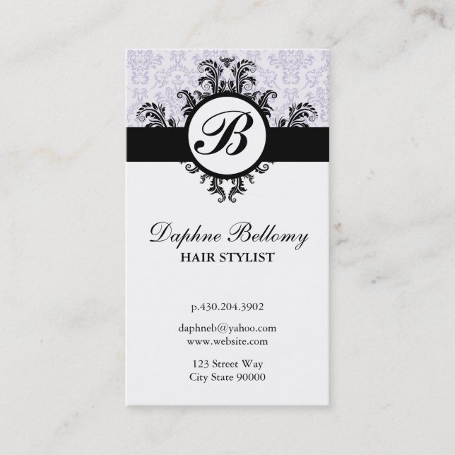 Monogram Damask Lavender Business Card (Front)