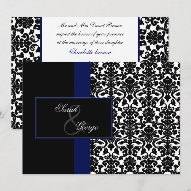 monogram damask navy wedding invitation (Front/Back)