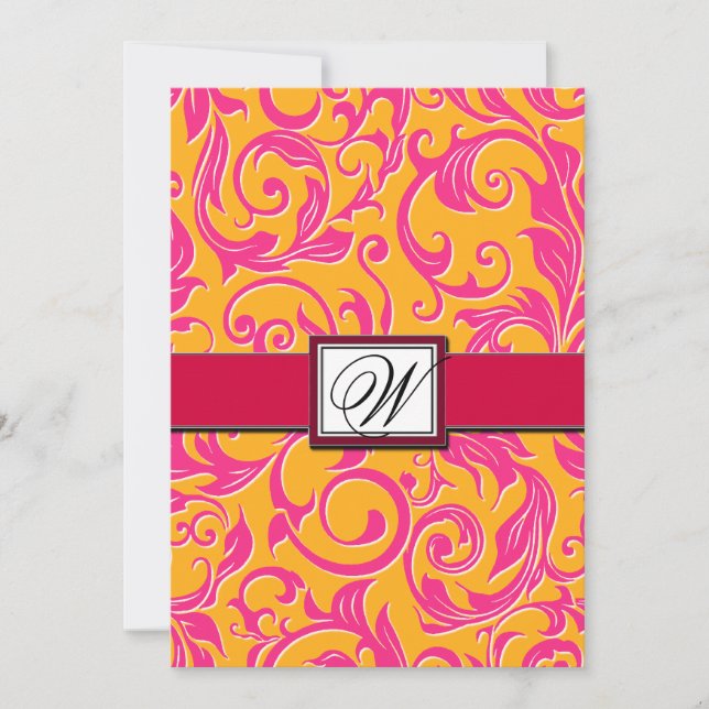 Monogram Damask Orange & Pink Wedding Invitations (Front)