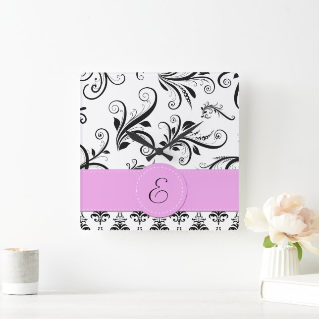 Monogram - Damask, Ornaments, Swirls - Black White Square Wall Clock (Home)