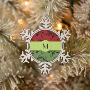 Monogram - Damask, Ornaments, Swirls - Green Black Snowflake Pewter Christmas Ornament