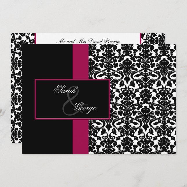 monogram damask pink wedding invitation (Front/Back)