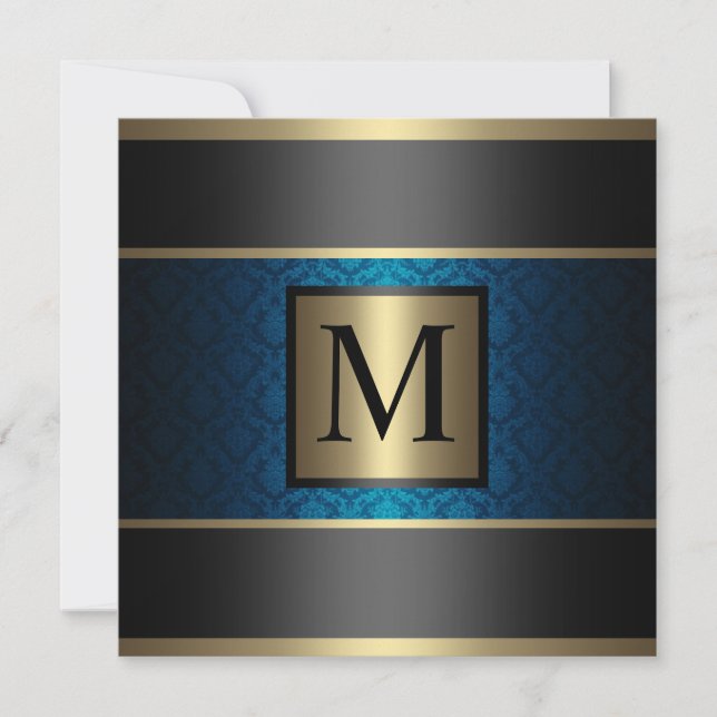 Monogram Damask Royal Blue, Black and Gold Invitation (Front)