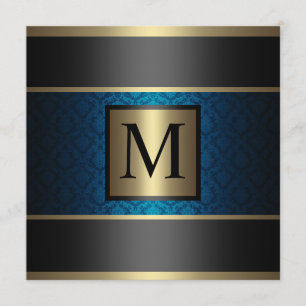 Monogram Damask Royal Blue, Black and Gold Invitation
