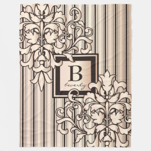 Monogram Damask Stripes Girly Neutral Monochrome Fleece Blanket