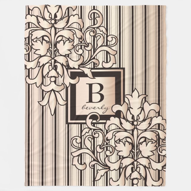Monogram Damask Stripes Girly Neutral Monochrome Fleece Blanket (Front)