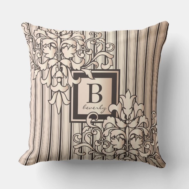 Monogram Damask Stripes Girly Neutral Monochrome Outdoor Cushion (Front)