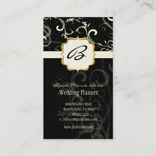 Monogram, damask + swirls  business cards (Front)