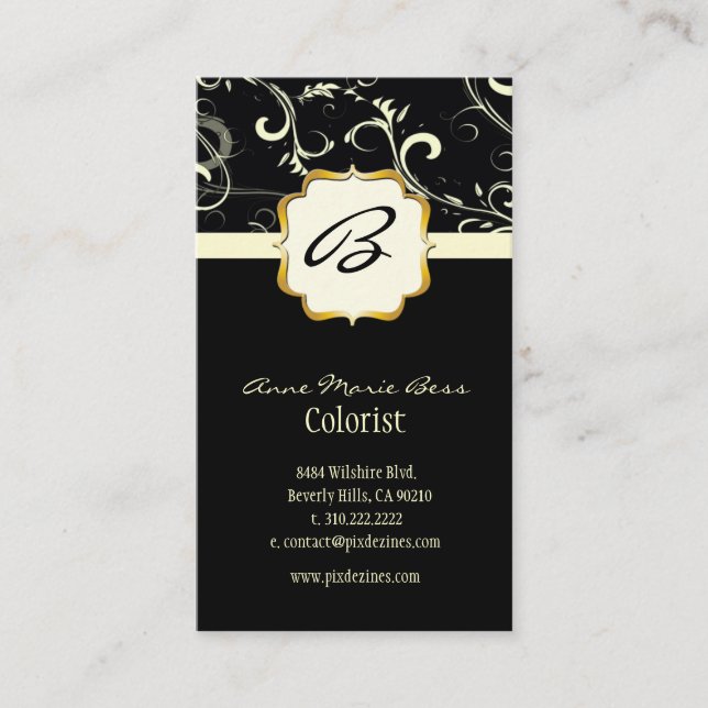 Monogram, damask + swirls  business cards (Front)