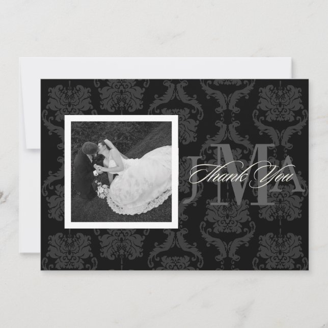 Monogram Damask Thank you cards, Flat Card (Front)