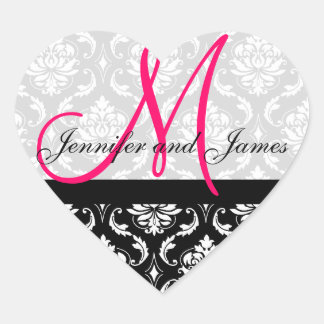 Monogram Damask Wedding Favour Stickers Pink