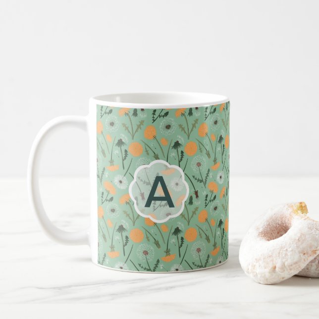 Monogram Dandelion Flowers Orange Floral Coffee Mug (With Donut)