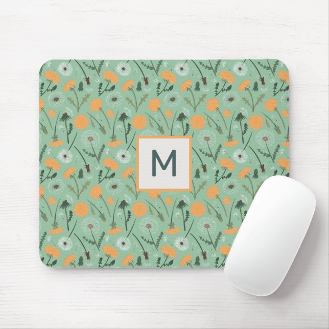 Monogram Dandelion Flowers Orange Floral Pattern Mouse Mat (With Mouse)
