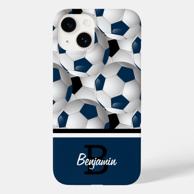 Monogram Dark Blue Black Soccer Ball Pattern Case-Mate iPhone Case (Back)