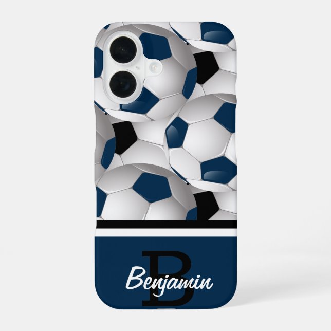 Monogram Dark Blue Black Soccer Ball Pattern iPhone 16 Case (Back)