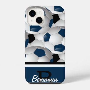 Monogram Dark Blue Black Soccer Ball Pattern iPhone 14 Case