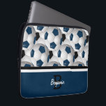 Monogram Dark Blue Black Soccer Ball Pattern Laptop Sleeve<br><div class="desc">Add your monogram initials and name to this eye-catching and stylish football soccer ball design featuring a pattern of black and white and dark blue and white soccer balls with accents in coordinating dark blue, black and white. Ideal for any soccer player, football coach or soccer fan whose team colours...</div>