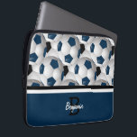 Monogram Dark Blue Black Soccer Ball Pattern Laptop Sleeve<br><div class="desc">Add your monogram initials and name to this eye-catching and stylish football soccer ball design featuring a pattern of black and white and dark blue and white soccer balls with accents in coordinating dark blue, black and white. Ideal for any soccer player, football coach or soccer fan whose team colours...</div>