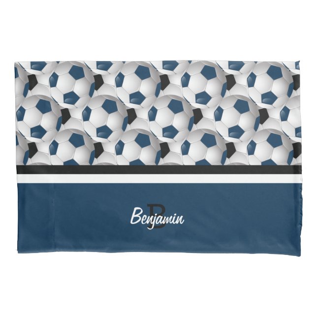 Monogram Dark Blue Black Soccer Ball Pattern Pillowcase (Front)
