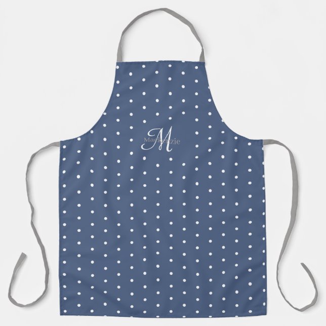 Monogram Dark Blue Grey White Polka Dots Chic Apron (Front)