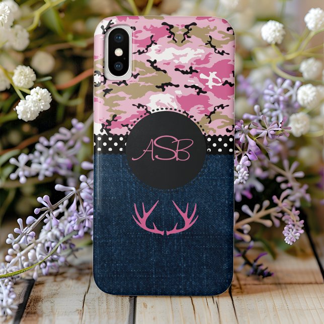 Monogram Dark Blue Jeans Pink Antler Cute Camo Case-Mate iPhone Case (Creator Uploaded)
