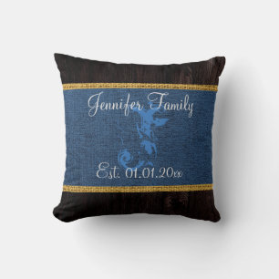Monogram Dark Blue Rustic Burlap Linen Wood Look Cushion