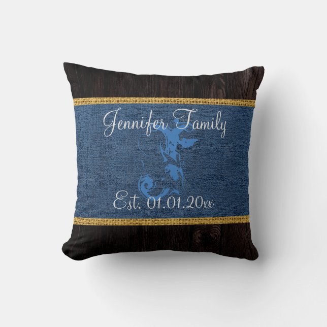 Monogram Dark Blue Rustic Burlap Linen Wood Look Cushion (Front)