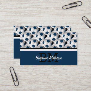 Monogram Dark Blue Soccer Ball Pattern Business Card