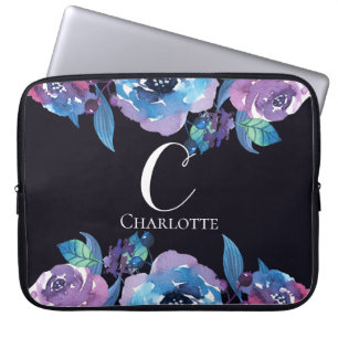Monogram Dark Blue with Purple and Blue Flowers Laptop Sleeve