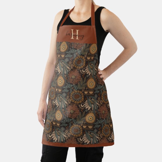 Monogram Dark Boho Terracotta Sage Botanical  Apron (Insitu)