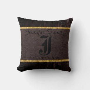 Monogram Dark Brown Rustic Burlap Linen Wood Look Cushion