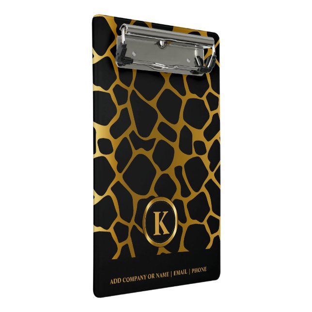 Monogram Dark Gold and Black Giraffe Pattern Mini Clipboard (Angled)