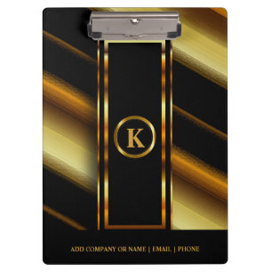 Monogram Dark Gold & Black Diagonal Stripes Clipboard