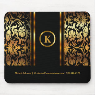 Monogram Dark Gold & Black Floral Damask Mouse Mat