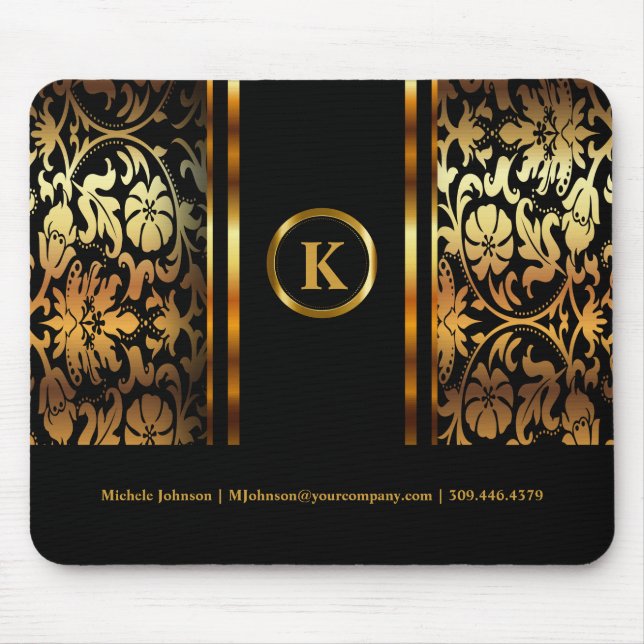 Monogram Dark Gold & Black Floral Damask Mouse Mat (Front)
