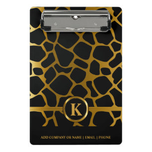 Monogram Dark Gold & Black Giraffe Pattern Mini Clipboard