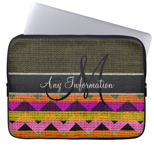 Monogram Dark Green Chevron Zigzag Burlap Jute Laptop Sleeve (Front)