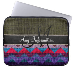 Monogram Dark Green Chevron Zigzag Burlap Jute Laptop Sleeve
