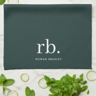 Monogram Dark Green Stylish Modern Minimalist Tea Towel