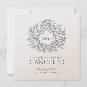 Monogram dark grey mono leaves wedding cancelled announcement