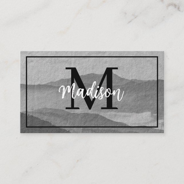 Monogram Dark & Light Grey Mountain Watercolor Art Business Card (Front)