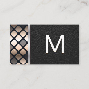 Monogram Dark Metallic Pattern Black Leather Business Card