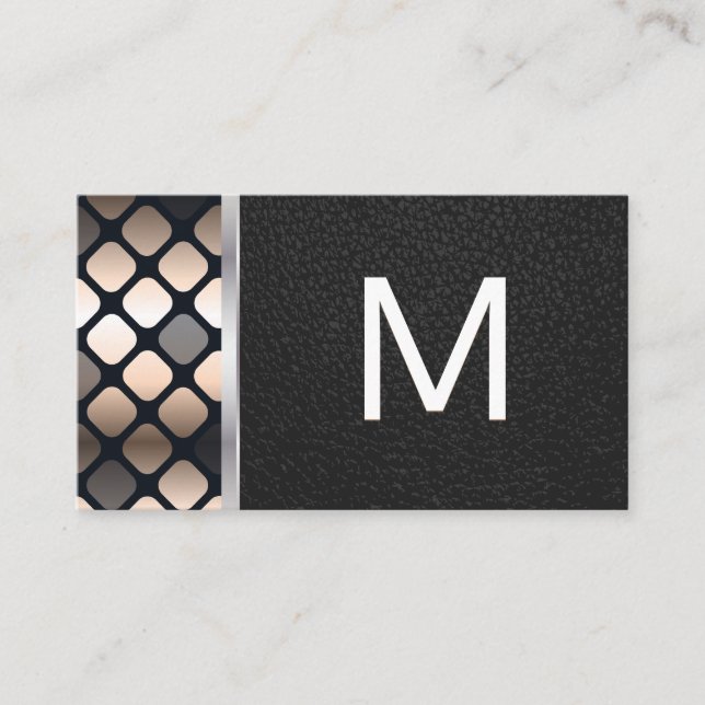 Monogram | Dark Metallic Pattern | Black Leather Business Card (Front)