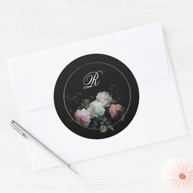 Monogram Dark Moody Flowers Wedding Bridal Shower Classic Round Sticker (Envelope)