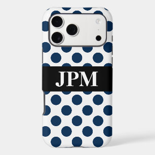 Monogram Dark Navy Blue Polka Dots on White