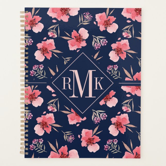 Monogram | Dark Pink Watercolor Pattern Planner (Front)