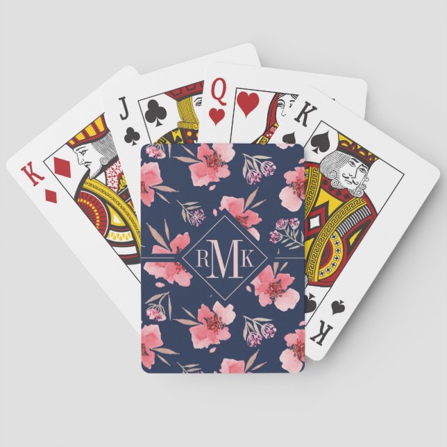 Monogram | Dark Pink Watercolor Pattern Playing Cards (Back)