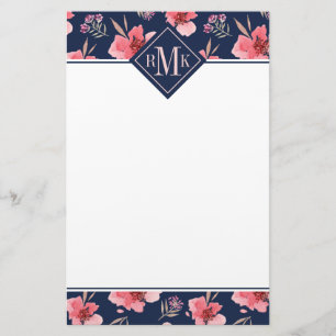 Monogram   Dark Pink Watercolor Pattern Stationery