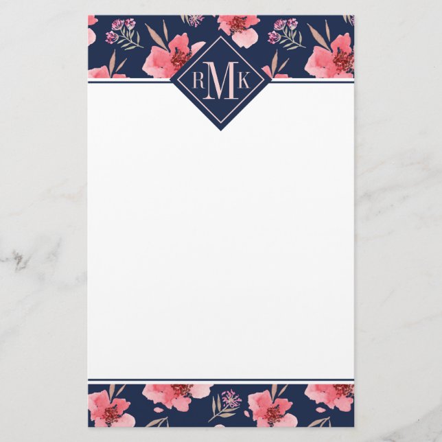 Monogram | Dark Pink Watercolor Pattern Stationery (Front)