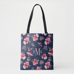 Monogram Dark Pink Watercolor Pattern Tote Bag